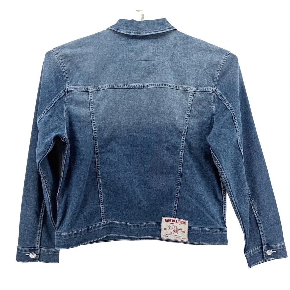 True Religion Denim Trucker Jacket Mens L Blue Excellent Stretch Horseshoe‎ Logo